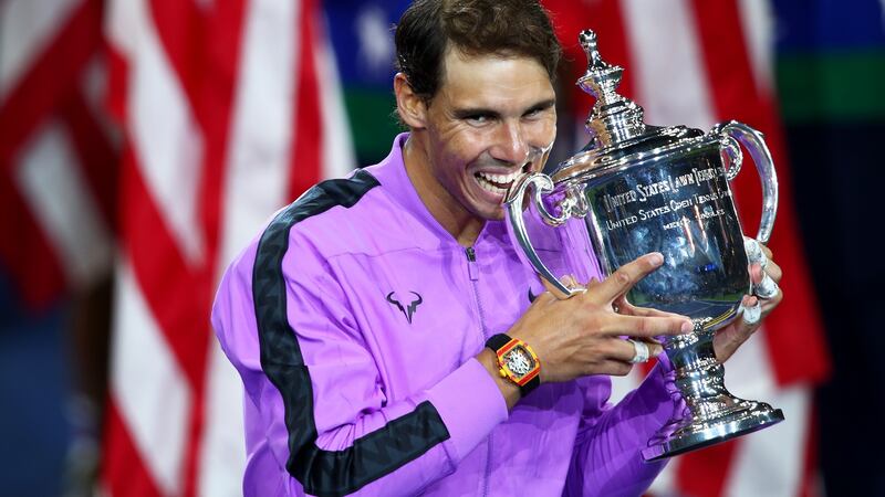 Rafael Nadal celebrates with the trophy after his 2019 US Open win. He currently has 19 grand slam titles. Photograph: Clive Brunskill/Getty