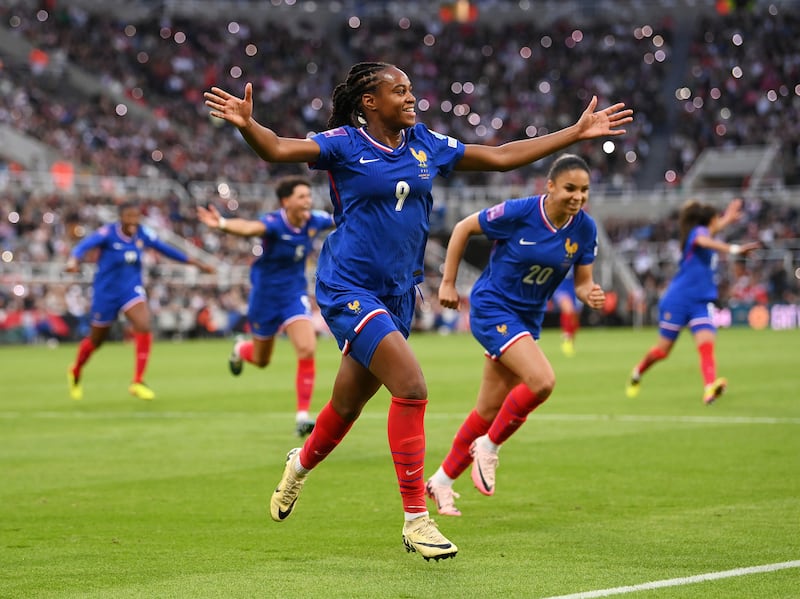 France's Marie-Antoinette Katoto celebrates scoring against England during their European qualifying game at St James' Park, Newcastle, on Friday. Photograph: Stu Forster/Getty Images