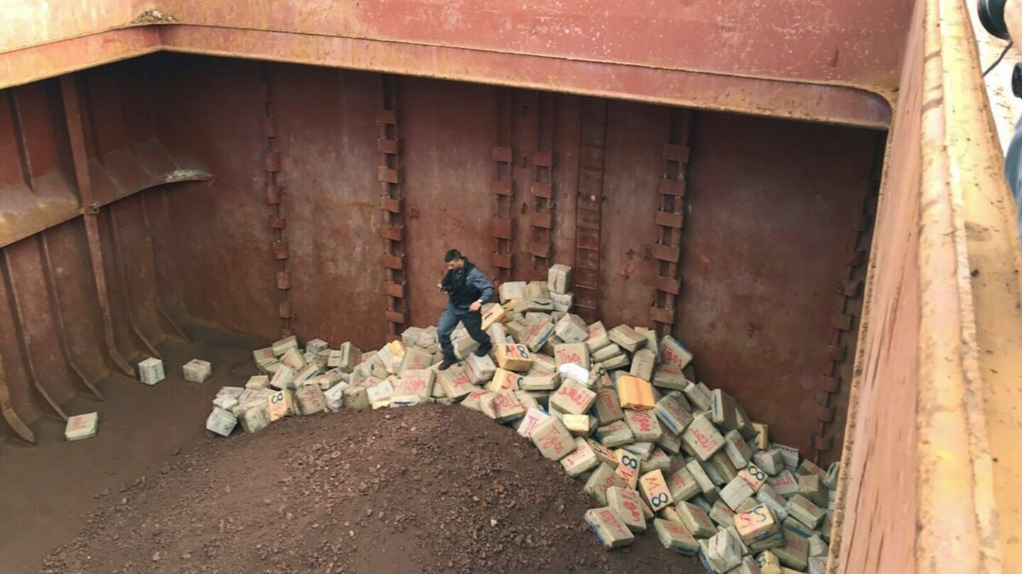 An undated photo provided by authorities of the hold of the cargo ship Munzur with packages of hashish in its hold, after it was seized in December 2015 near the Sicilian island of Pantelleria. Photograph: Guardia di Finanza di Palermo via The New York Times