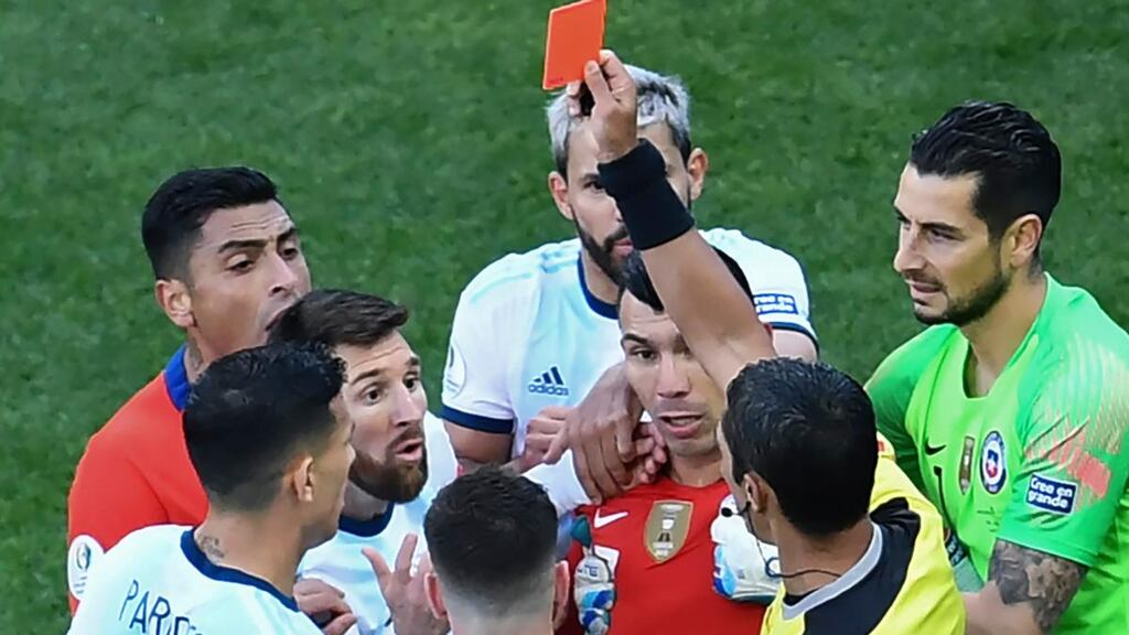 Lionel Messi is sent-off during Argentina’s Copa América organisers defeat to Chile. Photograph: Evaristo Sa/AFP/Getty