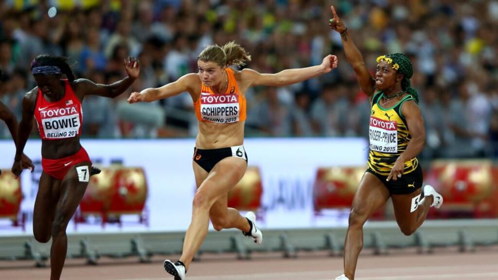 Shelly-Ann Fraser-Pryce of Jamaica celebrates as she crosses the line to win gold in the women’s 100 metres from Dafne Schippers of the Netherlands (silver) and American Tori Bowie (bronze) at the IAAF World Athletics Championships in Beijing. Photograph: Ian Walton/Getty Images