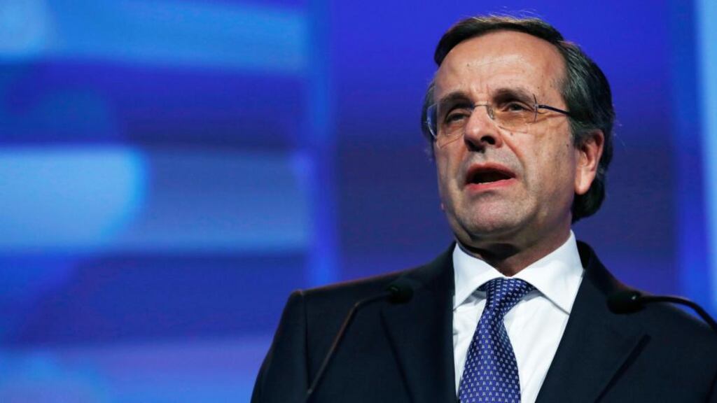 Greece’s prime minister Antonis Samaras speaks at the European People’s Party (EPP) Elections Congress in Dublin last week. Photograph:Suzanne Plunkett/Reuters