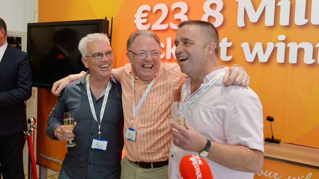 David Doherty, John Brady and Craig Shearer of the Dublin Bus Euromillions winning syndicate. Mr Shearer (right) says he is out of the danger zone after being diagnosed with cancer in 2014. Photograph: Alan Betson/The Irish Times