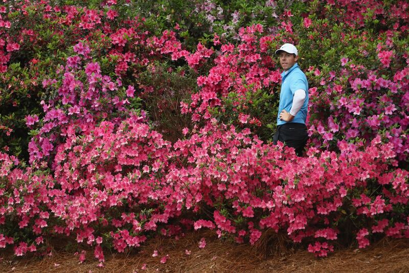 McIlroy off the fairway on the 13th hole during the third round of the 2018 Masters. Photograph: Jamie Squire/Getty Images