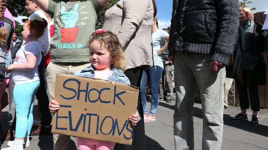 Some of the people who took part in the protest at the Cúl Trá halting site at Lower Salthill in Galway on Tuesday. Ten families have received notice to leave the site. Photograph: Joe O’Shaughnessy