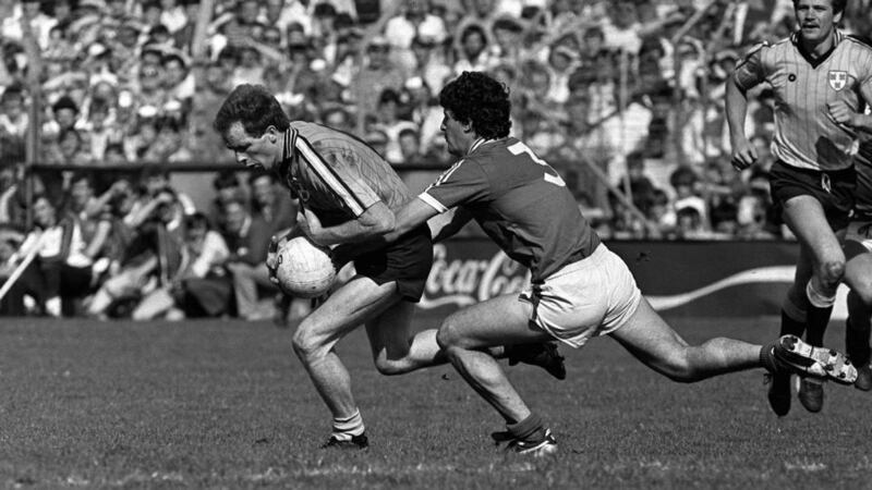 Dublin’s Barney Rock and Peter Ford of Mayo in the 1985 semi-final. Photograph: Inpho