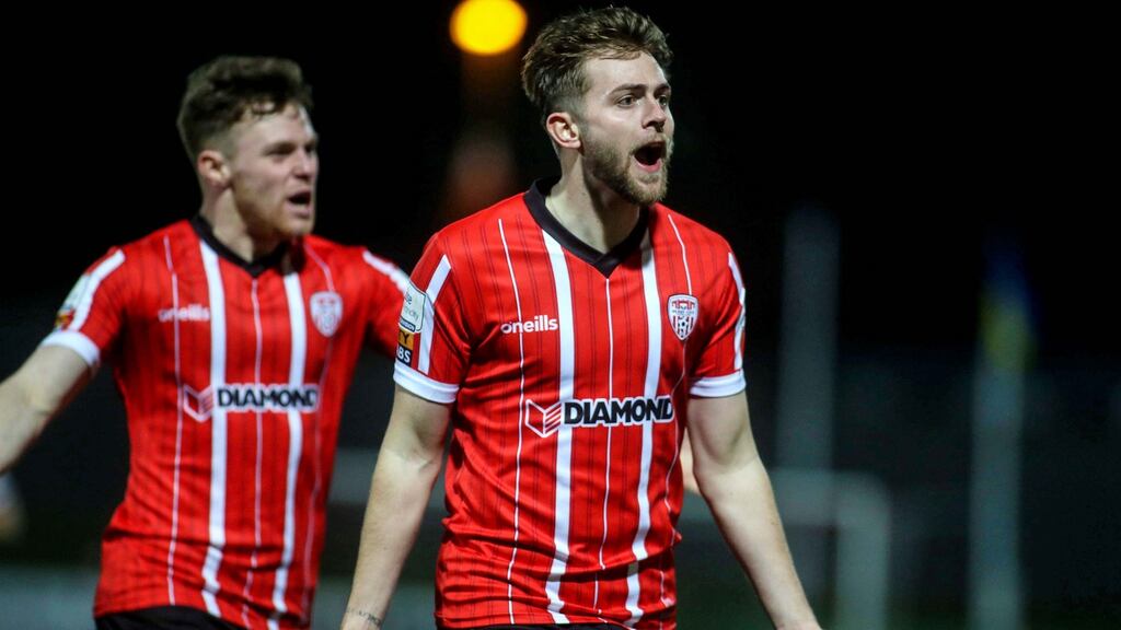 Derry City’s Will Patching celebrates after scoring a goal in the SSE Airtricity League Premier Division match against St Patrick’s Athletic at Ryan McBride Brandywell Stadium. Photograph: Lorcan Doherty/Inpho