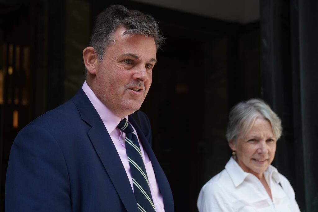 RTE director general Kevin Bakhurst and board chair Siún Ní Raghallaigh speak to the media following a meeting with Media Minister Catherine Martin in Dublin. Photograph: Brian Lawless/PA Wire