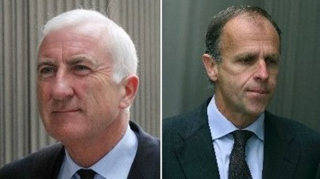 The former head of capital markets with Anglo Irish Bank John Bowe (right) and the former chief executive of Irish Life and Permanent, Denis Casey, were found guilty of agreeing a scheme to mislead the public about the true health of Anglo. Photograph: Composite/Brenda Fitzsimons/Collins Courts