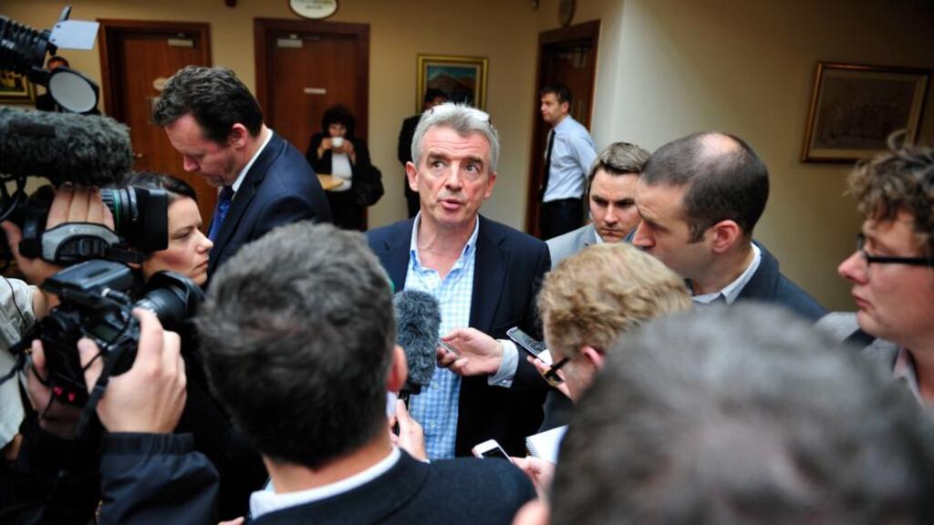 Ryanair chief executive Michael O’Leary speaking to journalists after the company’s agm in Dublin Airport yesterday. Photograph: Aidan Crawley