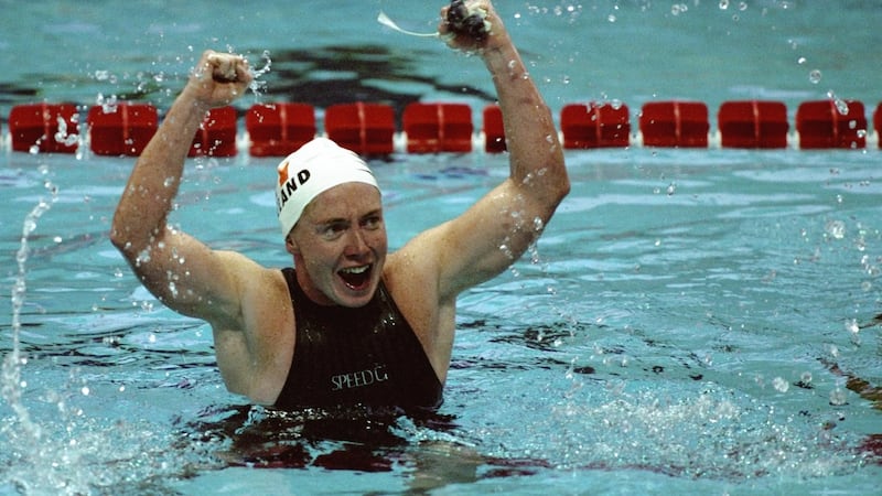 Michelle Smith celebrates her win in the women’s individual 400m medley at the Georgia Tech Aquatic Centre at the 1996 Olympic Games in Atlanta, Georgia. Photograph: Michael Cooper/Allsport