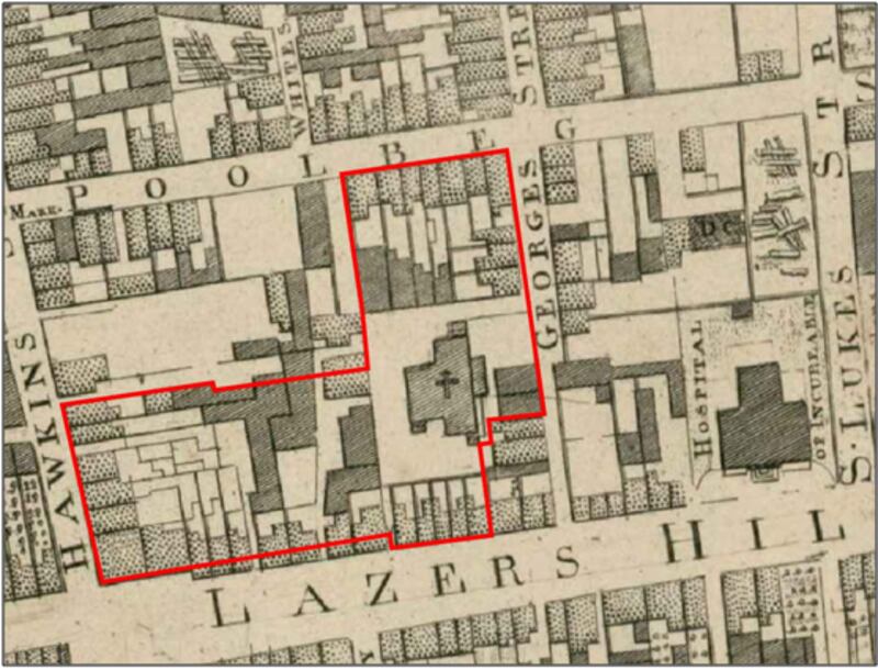 John Rocque, An Exact Survey of the City and Suburbs of Dublin, of 1756. The current site being developed is marked in red, with the church marked clearly within.