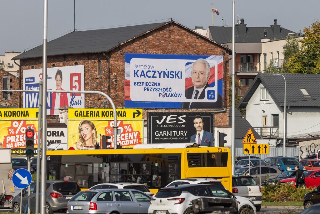 Election posters in Kielce, southern Poland, this week. Parliamentary elections will be held in Poland at the weekend (Photo by Wojtek Radwanski / AFP)