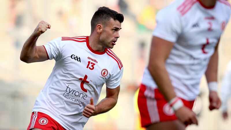 GAA Football All-Ireland Senior Championship Semi-Final, Croke Park, Dublin 28/8/2021Kerry vs TyroneTyrone's Darren McCurry celebrates scoring and putting his side into the lead late on in the game Mandatory Credit ©INPHO/Ryan Byrne