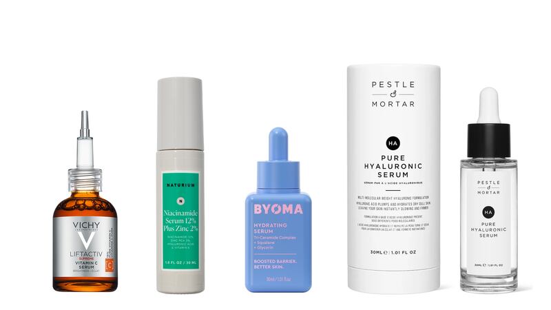 Vichy LiftActiv Supreme Brightening Vitamin C Serum (€48.95 from lookfantastic.com); Naturium Niacinamide Serum (€21 from Space NK); Byoma Hydrating Serum (€15 from Space NK) and Pestle & Mortar Hyaluronic Acid Serum (€45 from Brown Thomas)