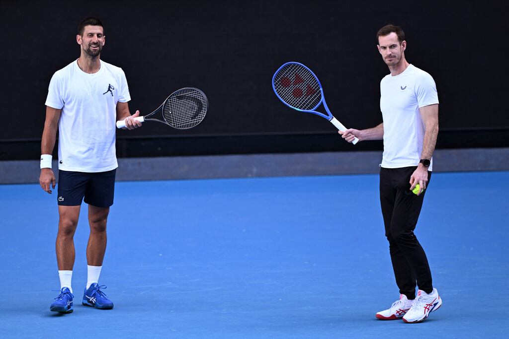 Novak Djokovic of Serbia and coach Andy Murray look on during a training session ahead of the Australian Open tennis tournament in Melbourne. Photograph: William West/AFP via Getty