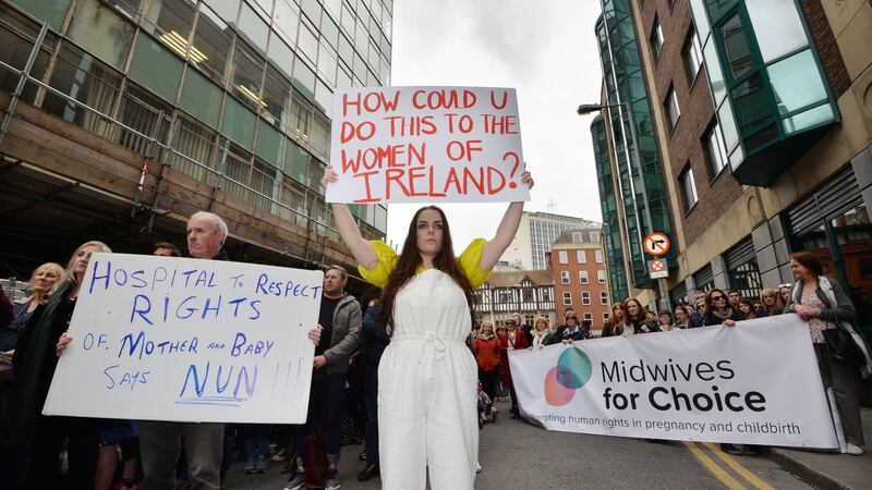 Protesters rally against the granting of the new National Maternity Hospital to the Sisters of Charity at the Department of Health in Hawkins House, Dublin, this week. Photograph: Alan Betson/The Irish Times