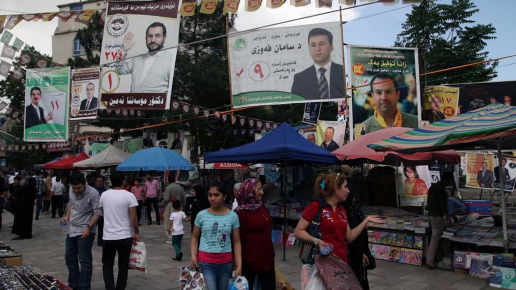 Ubiquitous campaign posters prior to Iraq’s parliamentary elections in Sulaimaniya, in the Kurdistan region of Iraq. Voters go to the polls today in Iraq’s first nationwide election since the withdrawal of US forces at the end of 2011. Photograph: Yahya Ahmad/Reuters