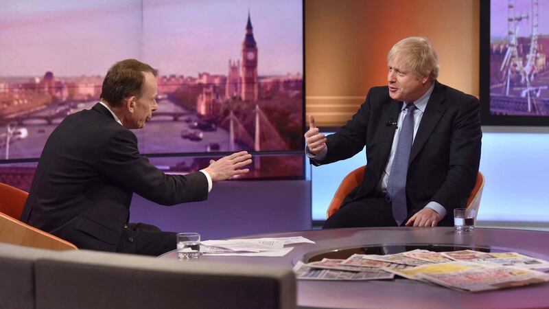 Boris Johnson appears on BBC’s Andrew Marr Show on Sunday. The UK prime minister could face more perils this week than Labour leader Jeremy Corbyn. Photograph: EPA/Jeff Overs/BBC
