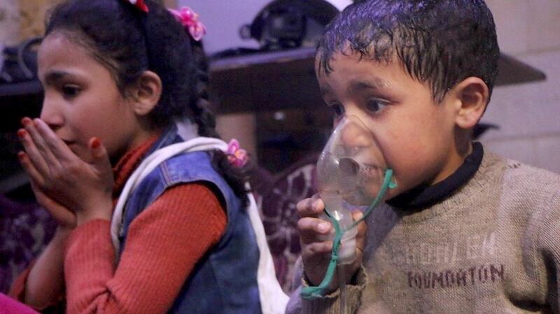 Syrian children receive medical treatment after an alleged poisonous gas attack in Douma, eastern Ghouta. Photograph: White Helmets/Handout/Anadolu Agency/Getty Images