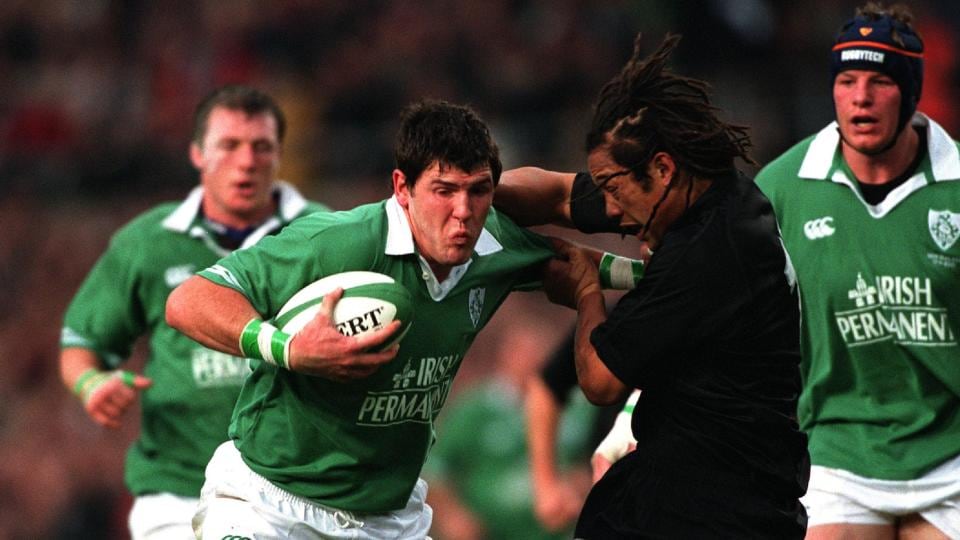 Shane Horgan of Ireland and Tana Umaga of New Zealand. Photograph: Patrick Bolger/Inpho