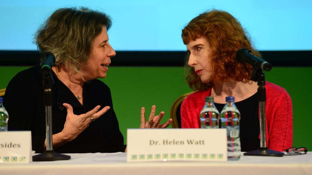 Bobbie Farsides, professor of clinical and biomedical ethics, Brighton and Sussex Medical School, and Helen Watt, senior research fellow, Anscombe Bioethics Centre, Oxford, at the  Citizens’ Assembly. Photograph: Dara Mac Dónaill