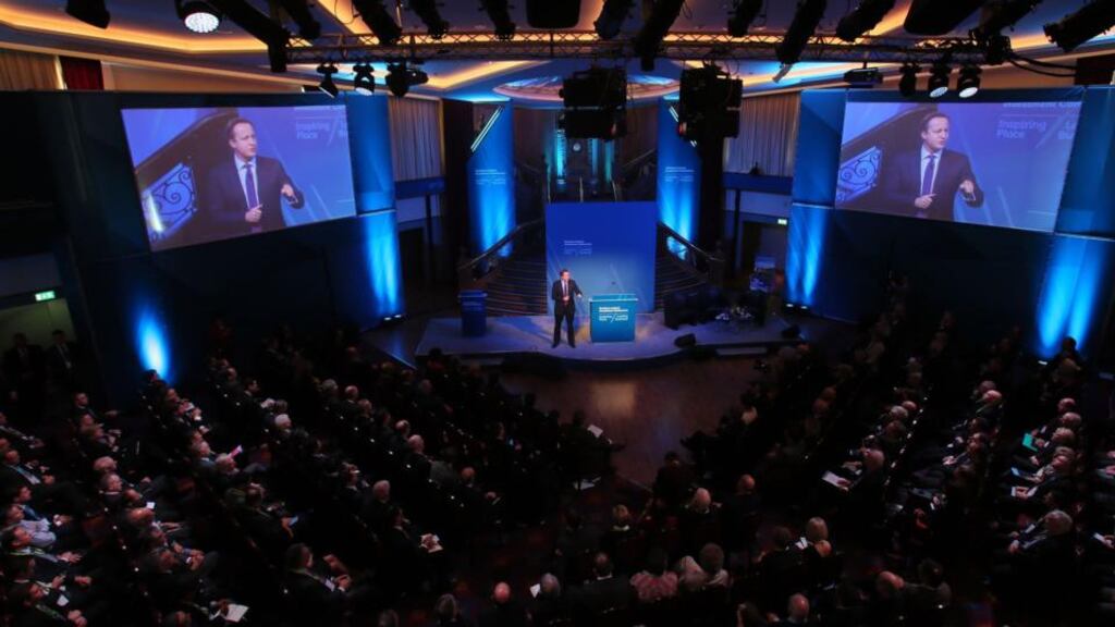 British prime minister David Cameron speaking at the Invest Northern Ireland investment conference at the Titanic centre in Belfast today. Photograph: PA