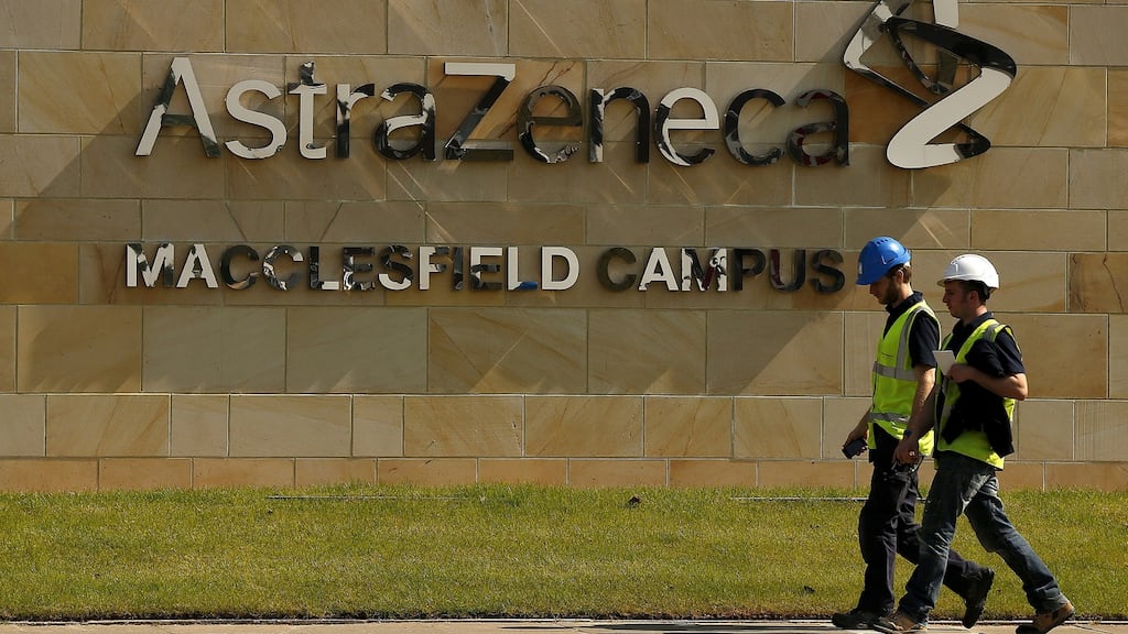 Workers at AstraZeneca’s Macclesfield site in England. Shares in the British drug giant suffered their largest ever fall as it announced a big setback, with a much-awaited trial of a new lung cancer drug failing to show the benefits for which the company had hoped. Photograph: Phil Noble/Reuters