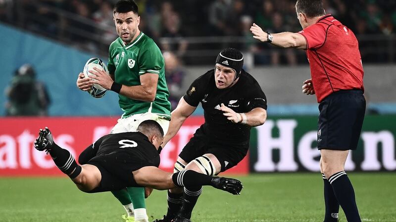 Ireland scrumhalf Conor Murray is tackled by New Zealand scrumhalf Aaron Smith. Photograph: Anne-Christine Poujoulat/AFP via Getty Images