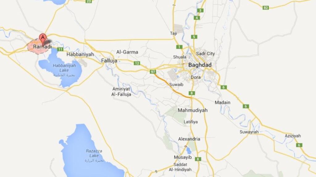 A car bomb killed 12 people and wounded at least 20 other in the Iraqi city of Ramadi (A on map) today. Image: Google Maps.