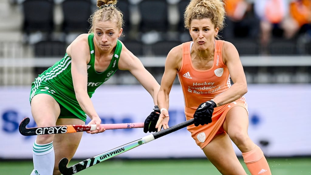 Ireland’s Hannah Matthews with Maria Verschoor of the Netherlands. Photograph: Inpho