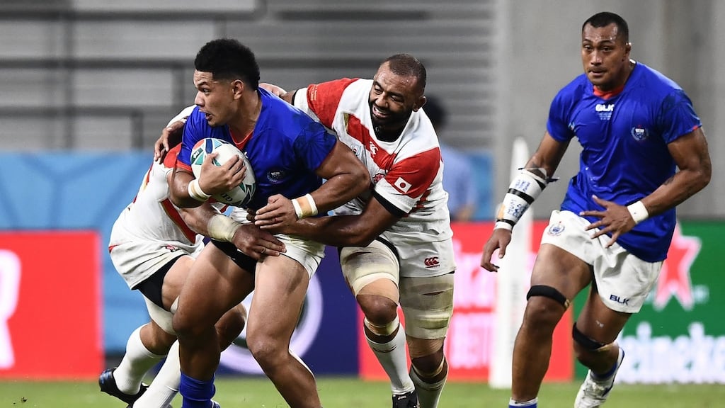 Samoa’s Henry Taefu is tackled by Japan’s Michael Leitch during their World Cup Pool A match at the City of Toyota Stadium. Photograph: Anne-Christine Poujoulat/AFP via Getty Images