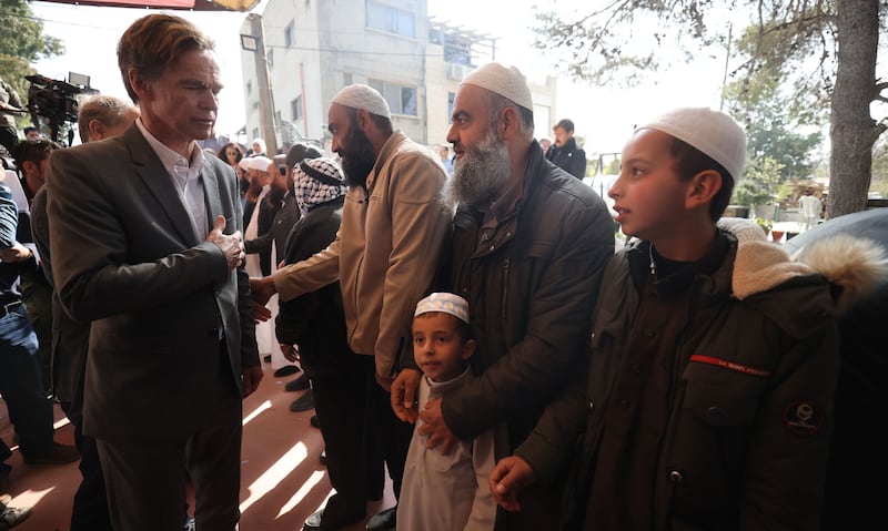 The head of the EU's mission in the West Bank and Gaza Strip, Sven Kuhn von Burgsdorff, visits the family of Palestinian Sameh Al-Aqtash who was killed during the spike in violence between Palestinians and Israelis in Hawara