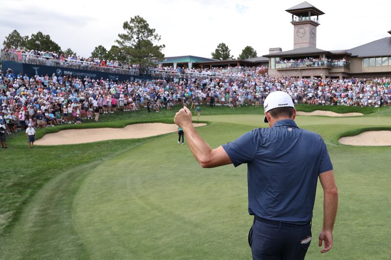 Keegan Bradley on his way to victory on the 18th fairway during the final round of the BMW Championship at Castle Pines Golf Club in Castle Rock, Colorado. Photograph: Christian Petersen/Getty Images