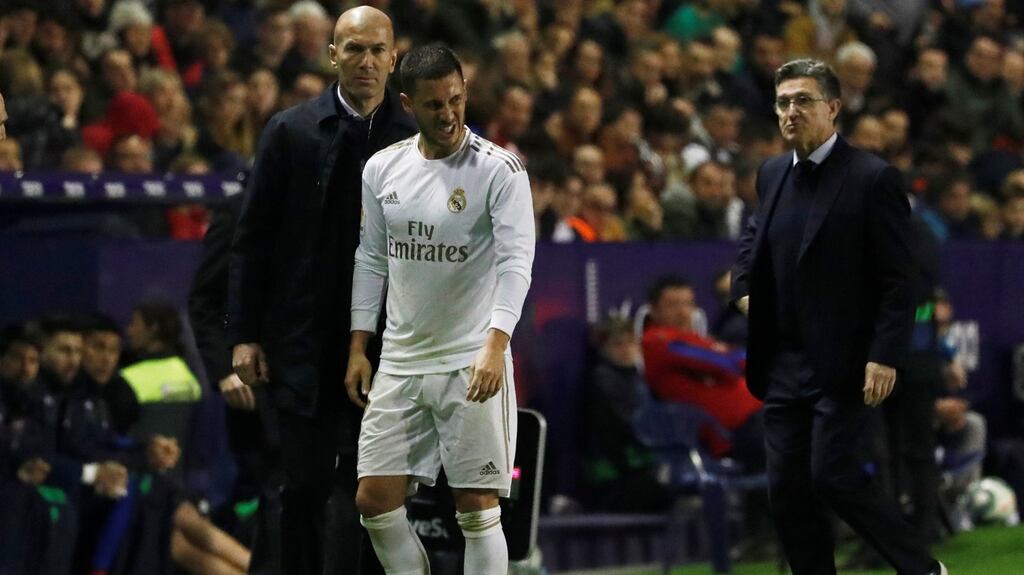Real Madrid forward Eden Hazard is substituted after breaking his ankle in Saturday’s 1-0 La Liga defeat at Levante. Photograph: Jon Nazca/Reuters