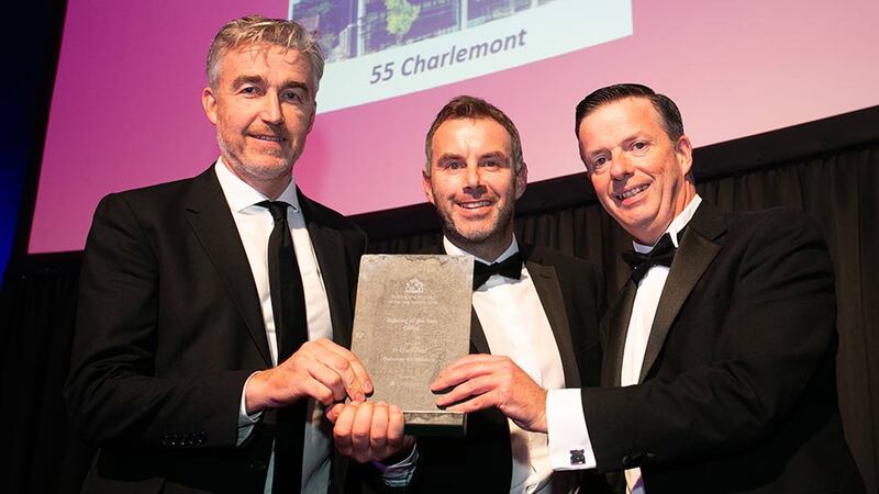 Kevin O'Driscoll, Commercial Director, Business River presents the Building of the Year - Office award to Paschal Mahoney & Fergus Devine, Mahoney Architecture.