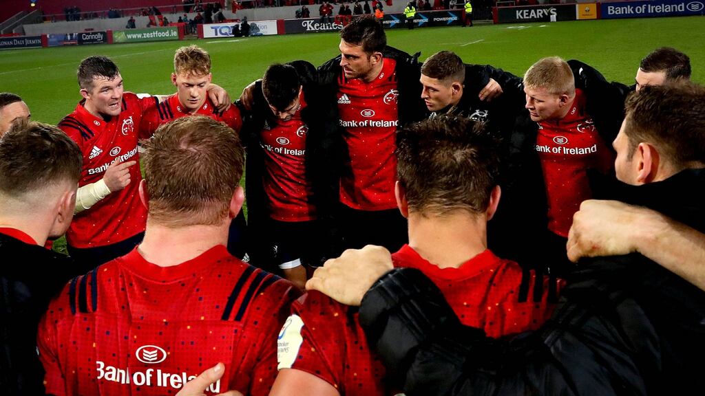 Munster captain Peter O’Mahony speaks to his team after their draw with Racing 92. Photograph: Ryan Byrne /Inpho