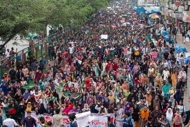 The protests were initially held to demand an end to a quota system for government jobs. Photograph: Rajib Dhar/AP