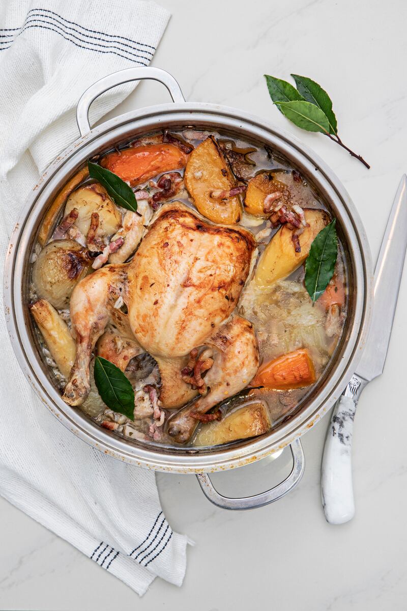 One-pot chicken with cider. Photograph: Harry Weir