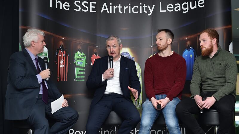 Con Murphy (L) Cork City boss John Caulfield, Stephen O’Donnell of Dundalk, and Ryan Connolly of Galway. Photograph: Seb Daly/Inpho