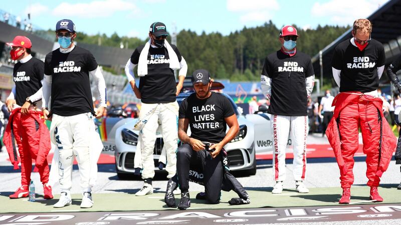 Defending world champion lewis Hamilton takes the knee ahead of the Austrian Grand Prix. Photograph:Dan Istitene/AP