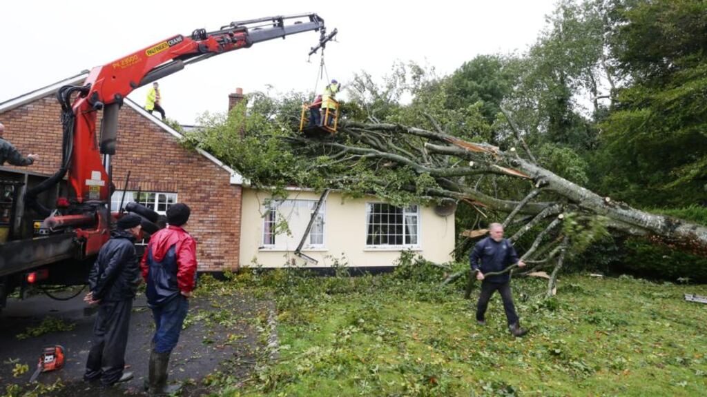 A fallen tree is removed from a house yesterday in Clonfert, Co Galway earlier. Photograph: Joe O’Shaughnessy