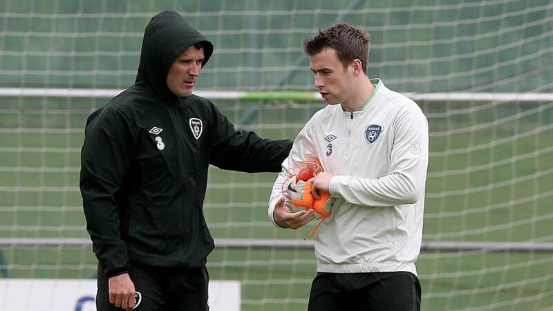 Republic of Ireland assistant manager Roy Keane with Séamus Coleman at Gannon Park, Malahide. Photograph: Donall Farmer / Inpho