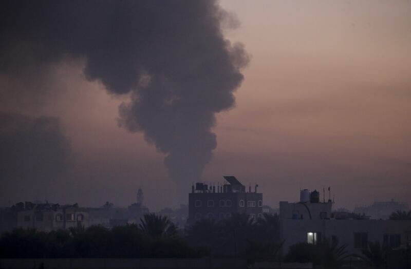 Smoke rises after an Israeli air strike on the city of Khan Younis in southern Gaza on Sunday. Photograph: Mohammed Saber/EPA