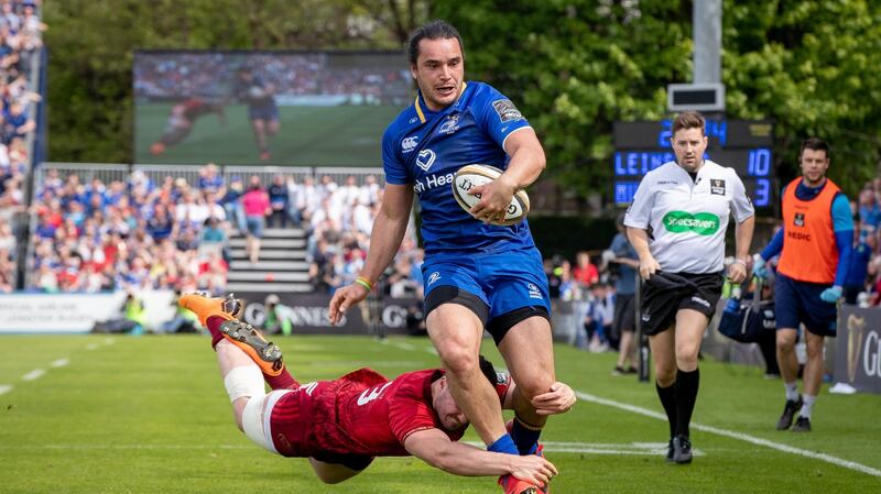 Munster’s Sammy Arnold  tackles Leinster’s James Lowe during the  Guinness Pro 14 semi-final at the RDS. Photograph: Morgan Treacy/Inpho
