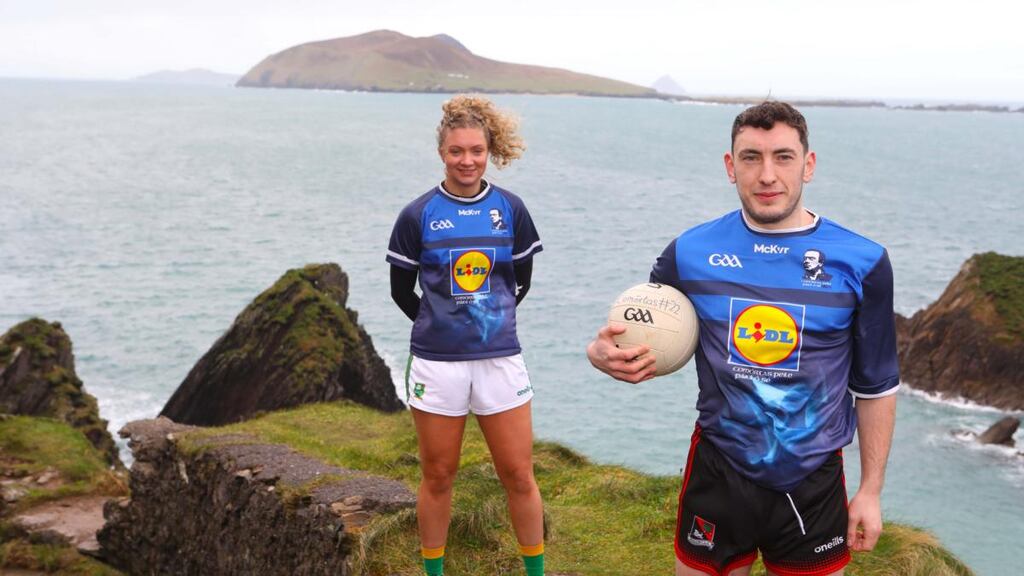 Kerry footballers Paudie Clifford and Niamh Ní Chonchuir at the launch of Lidl Comórtas Peile Páidi Ó Sé, which takes place in Ventry this weekend. Photograph: Paddy White