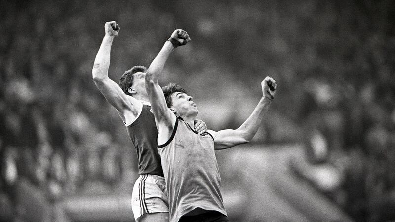 Australia’s Jim Stynes jumps for the ball during the 1987 International Rules. Photo: Billy Stickland/Inpho