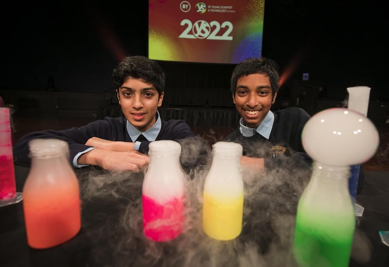 Taha Fareed and Jevin Joy from Coláiste Phádraig, Lucan, at the launch of the BT Young Scientist & Technology Exhibition 2022. Photograph: Chris Bellew/Fennell Photography