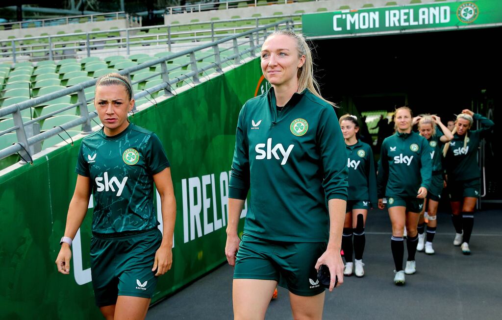 Katie McCabe and Louise Quinn during Ireland's training session at Aviva Stadium prior to their game against Northern Ireland. Photograph: Ryan Byrne/Inpho