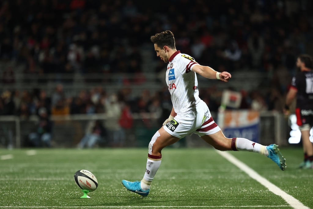 Joey Carbery scores a penalty for Bordeaux Bègles in their Top 14 fixture against Lyon Olympique Universitaire at Gerland Stadium in Lyon. Photograph: Alex Martin/AFP via Getty Images
